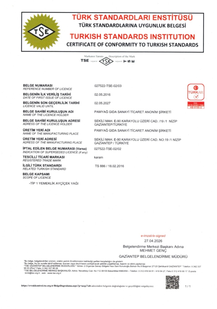 TSE TS 886 Ayçiçek Yağı (Karam)