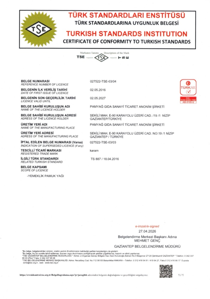 TSE TS 887 Pamuk Yağı (Karam)